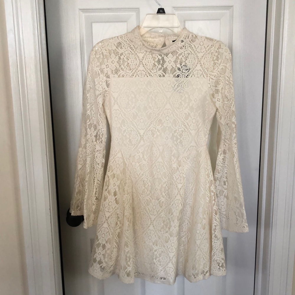 NWT Material Girl, Lace, Cream, mini dress with lining and bell sleeves, Small
